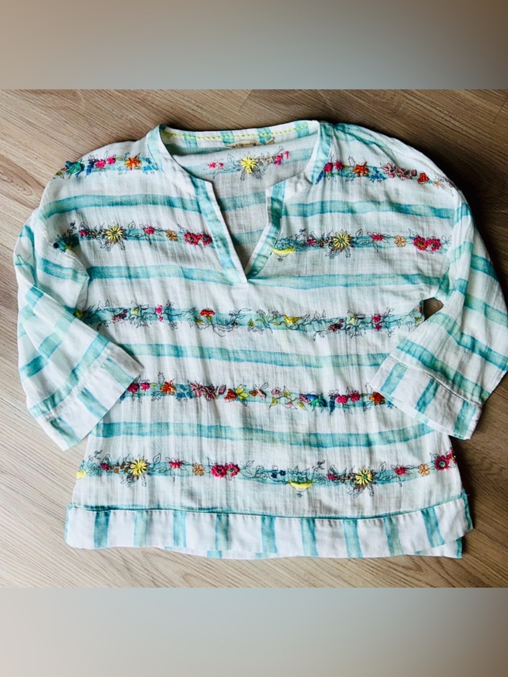 Soft Surroundings Embroidered Cotton Peasant Top M White Blue Striped Casual